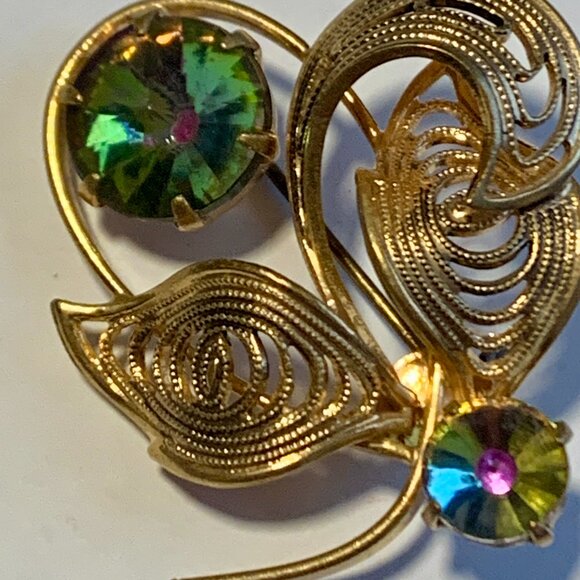 Watermelon Margarita Rivoli Rhinestone Brooch Gold Tone - Picture 3 of 4